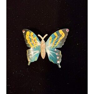 Vintage Mid-Century Enamel Butterfly Brooch Pin Gold Tone Retro Blue Yellow Red